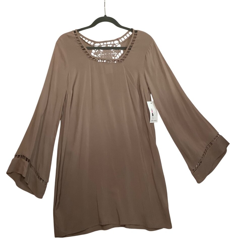 Ella Moss Bell Sleeve Shift‎ Dress Boho Crochet Trim Brown Women Medium NEW